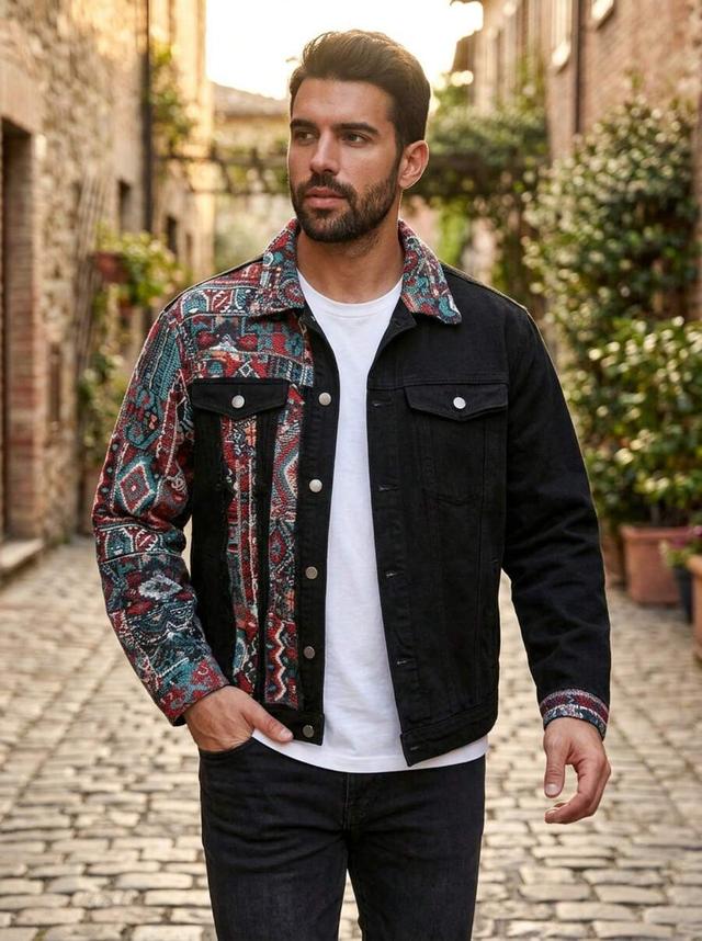 men print colorblock button front denim jacket