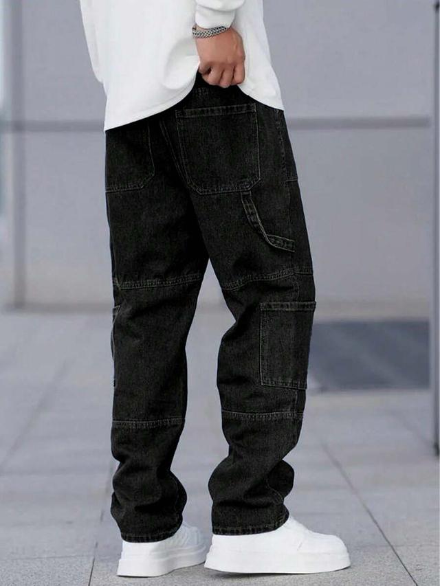 men's casual solid black denim utility jeans