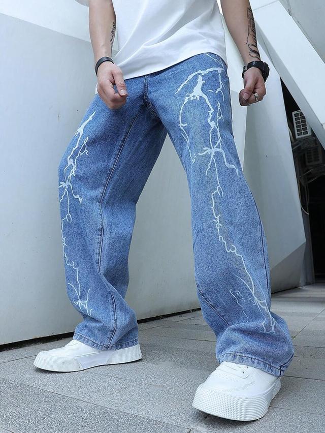 men lightning print straight leg denim jeans