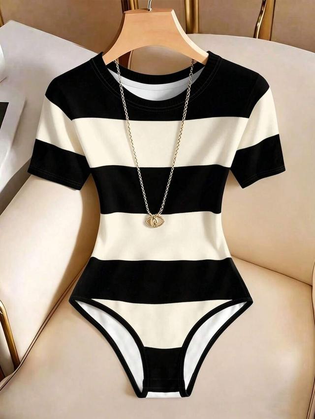 black and white striped short sleeve bodysuit