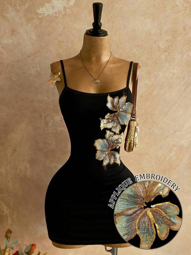 black bodycon dress with floral applique embroidery