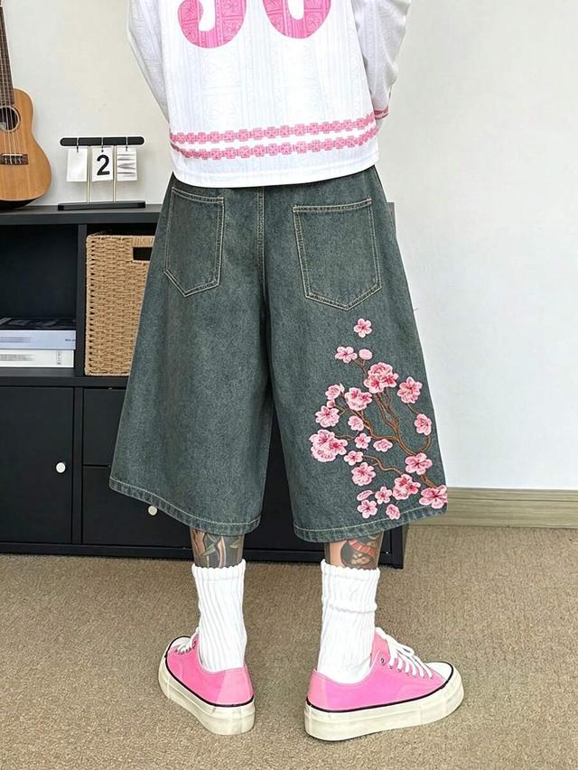 embroidered floral loose wide leg denim shorts