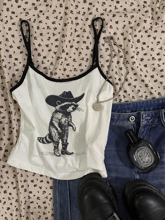 white contrast trim raccoon print slim fit camisole