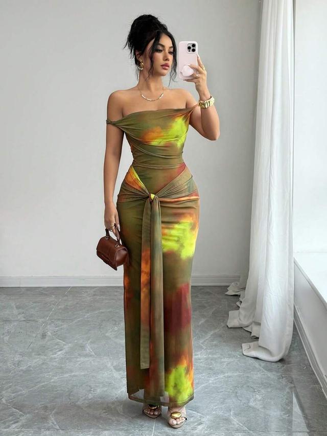 olive tie-dye off-shoulder mesh bodycon long dress