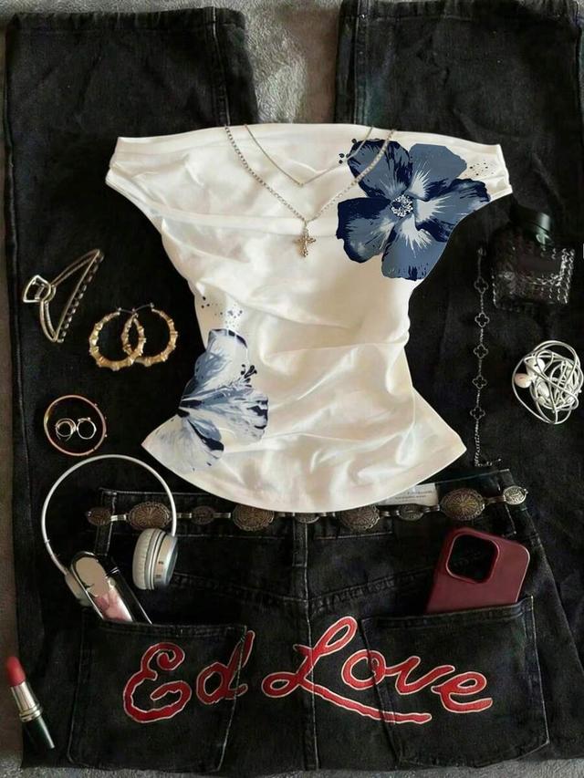 white off shoulder top with blue floral ink wash