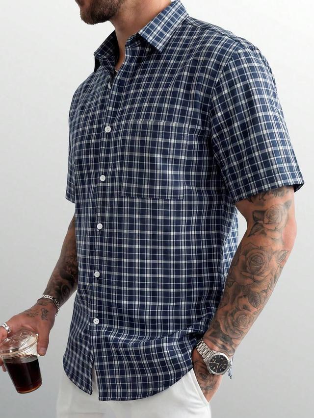 men's slim fit navy blue white gingham shirt