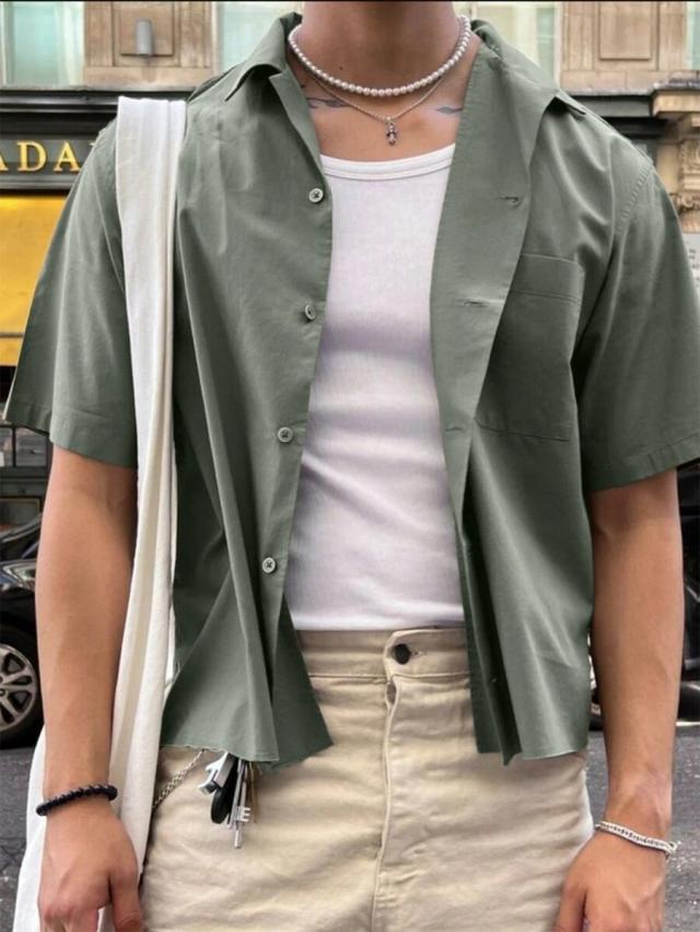 olive green cotton casual short sleeve shirt