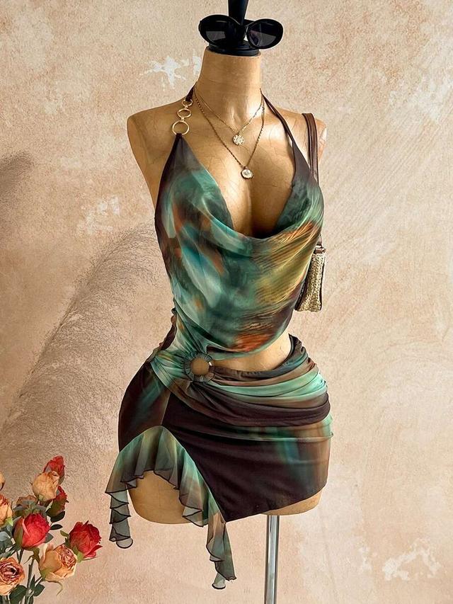 abstract print cowl neck halter mini dress