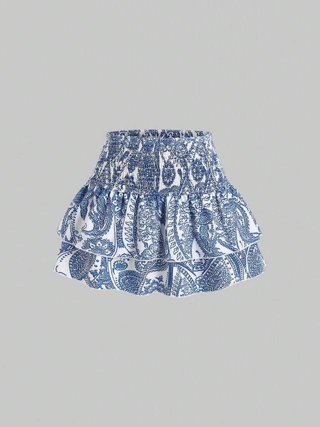 blue and white cashew floral print ruffled mini skirt