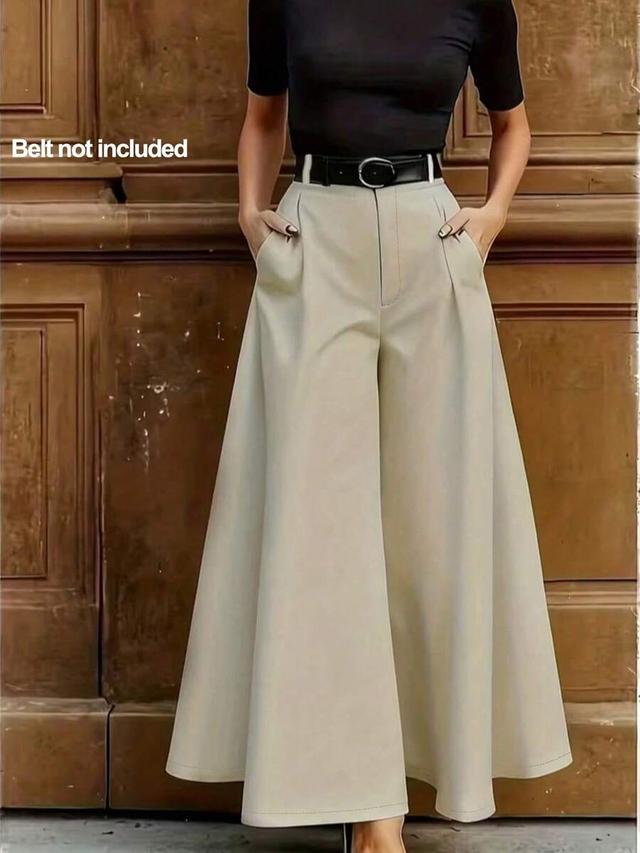 solid beige high-waisted wide leg trousers