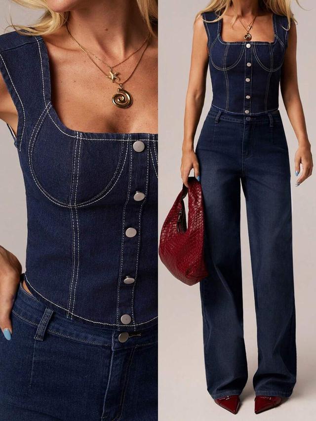 blue denim corset style top with contrast stitching