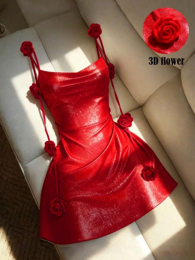 red sequined backless mini dress with 3d rose embellishments