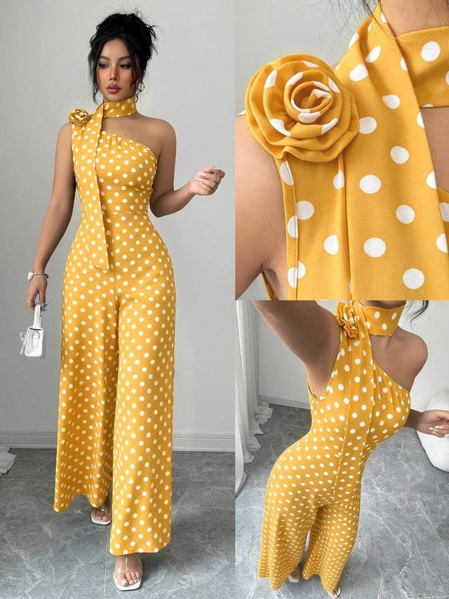 mustard yellow polka dot one-shoulder jumpsuit with neck tie