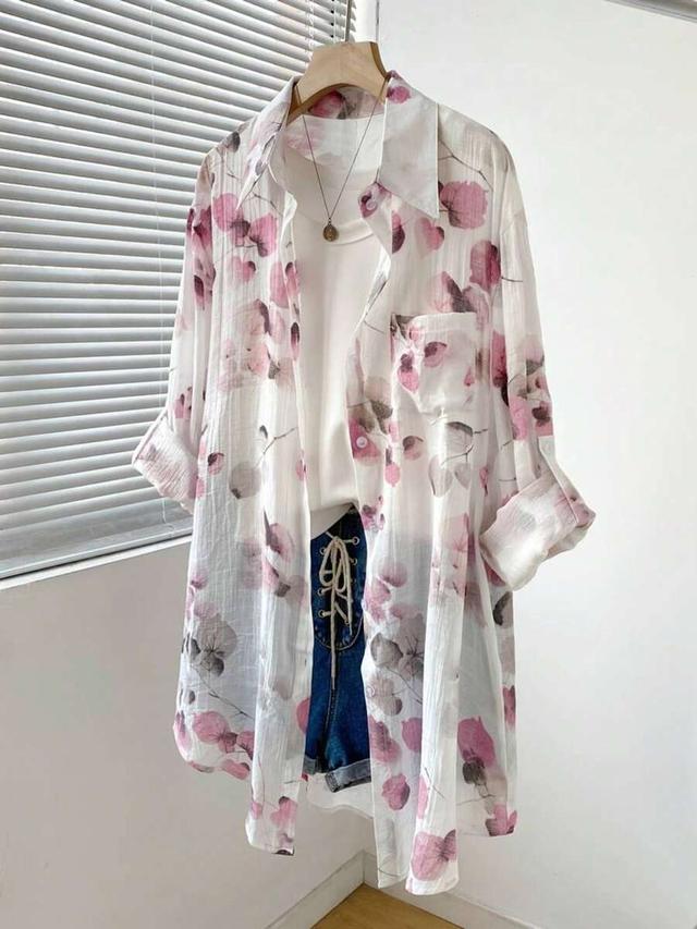 white base floral watercolor print loose sheer shirt blouse