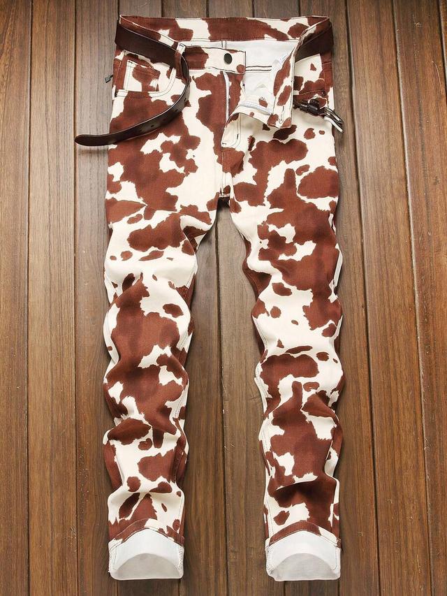 stylish brown and white cow print denim jeans