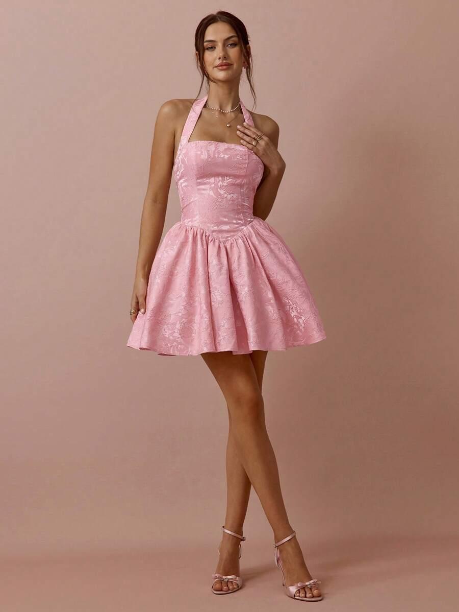 pink floral jacquard halter neck princess mini dress