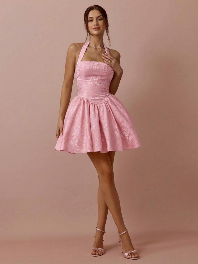 pink floral jacquard halter neck princess mini dress