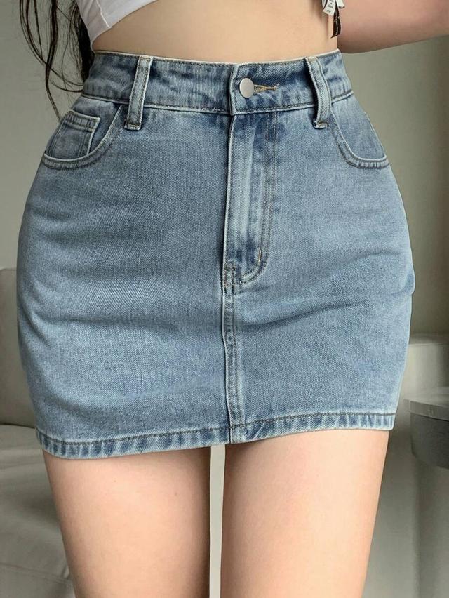 high waisted light wash denim mini skirt