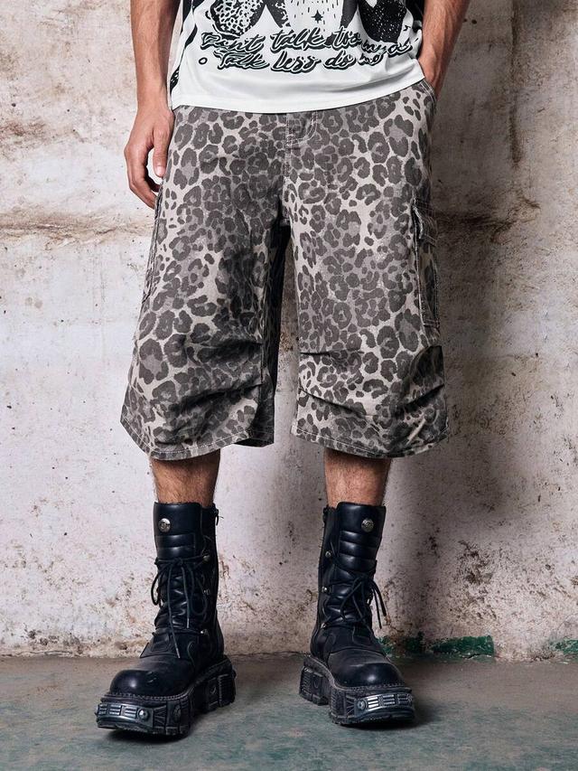 vintage grey leopard print cargo denim shorts