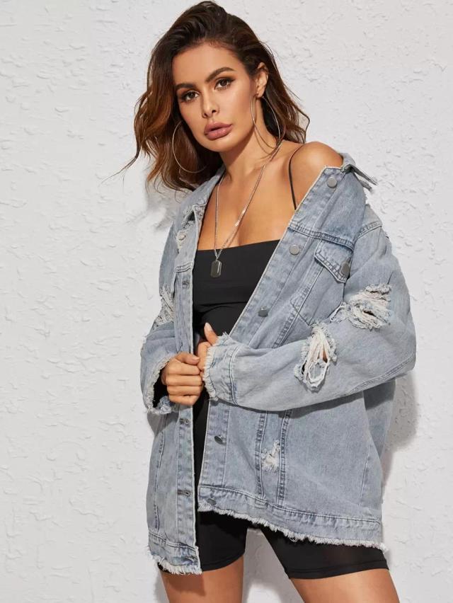 distressed light wash denim oversized jacket