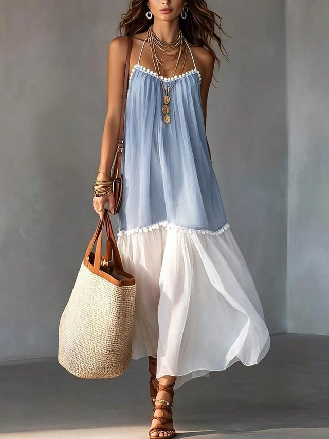 colorblock blue and white chiffon halter dress