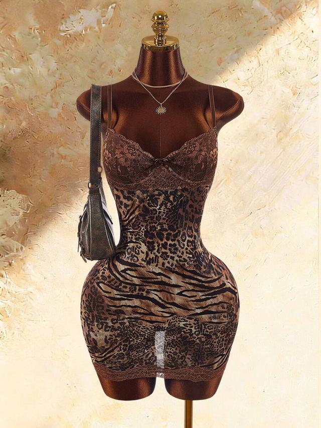 leopard print lace trim bodycon mini dress