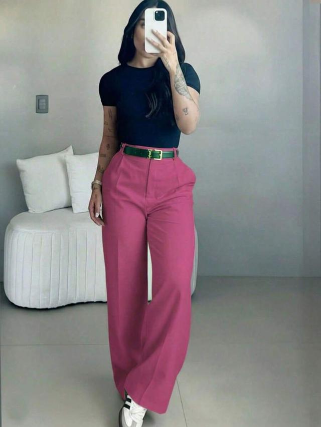 women's high-waisted slim fit wide leg pants in fuchsia pink