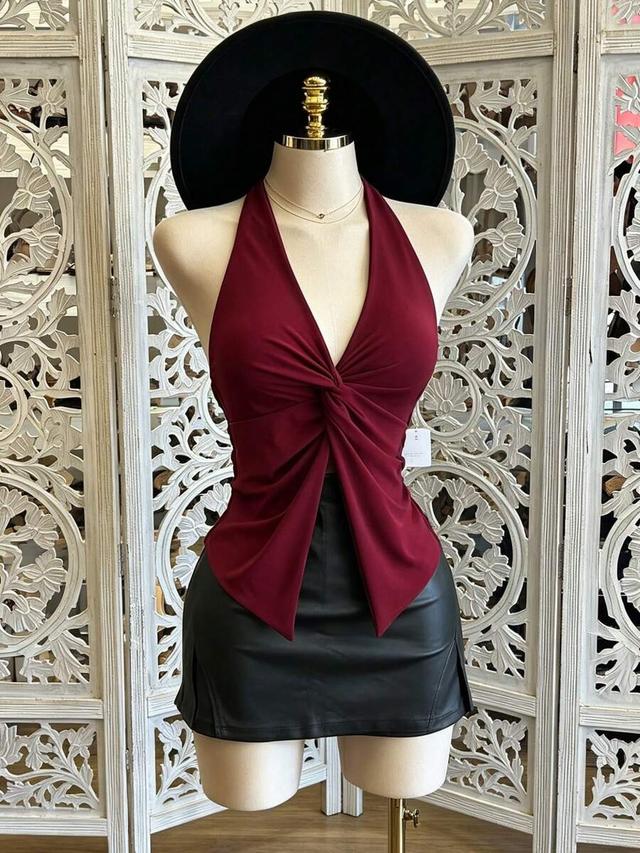 nostanoir women's fashion solid color twisted halter neck top