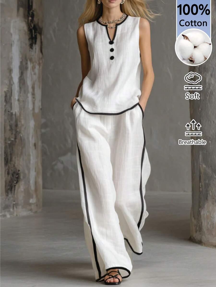 cream white cotton matching set with contrast piping