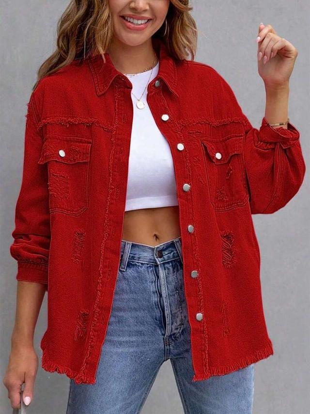 distressed red denim button-up jacket