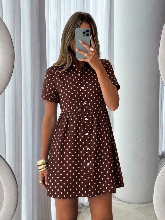 brown polka dot print front button casual dress