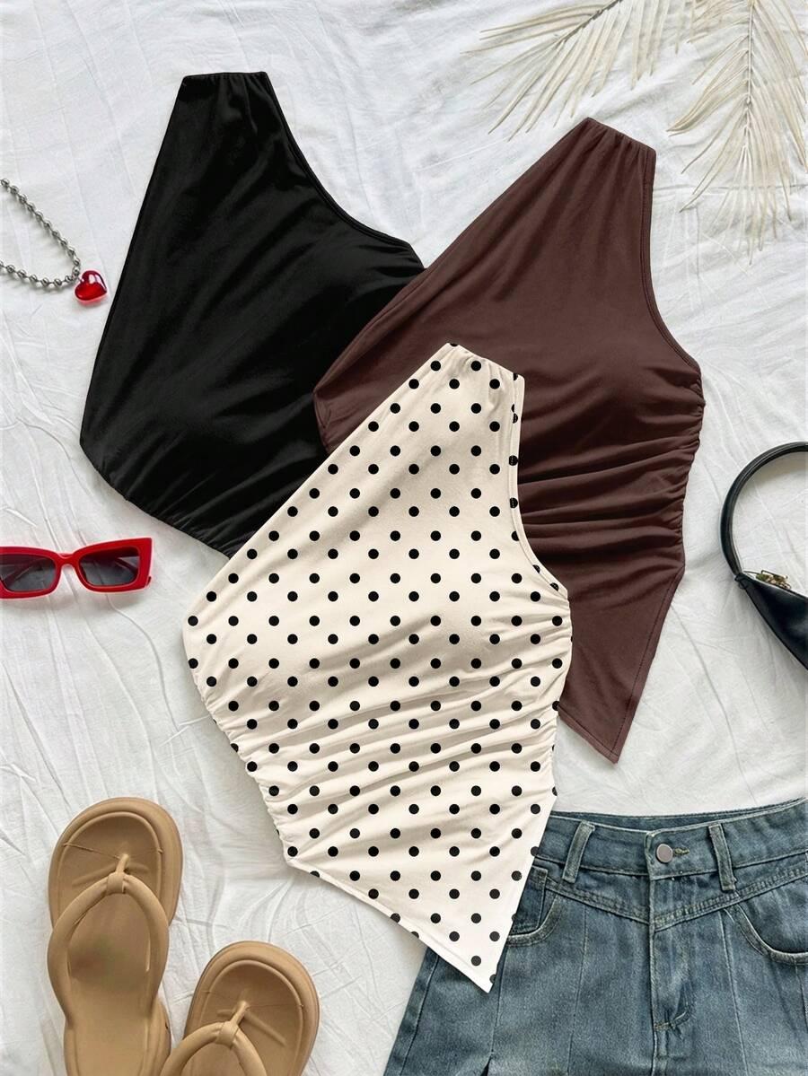 cream polka dot soleia women's y2k sleeveless ruched asymmetric hem blouse