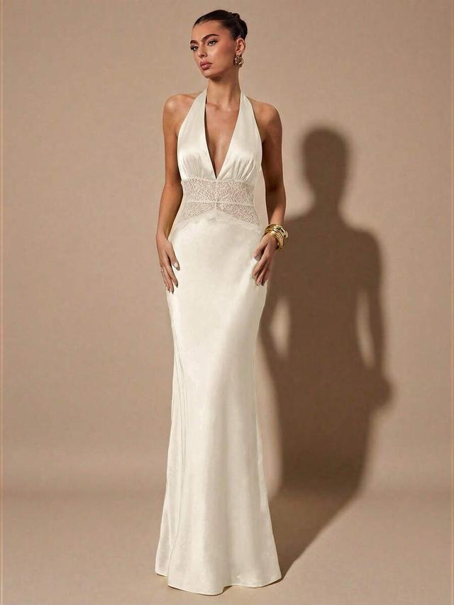 cream white satin halter maxi dress with lace waist
