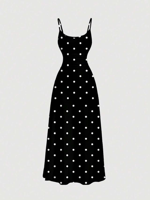vintage polka dot black loose waist suspender dress