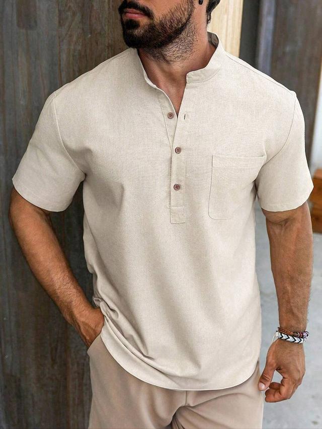 beige linen blend short sleeve mandarin collar shirt