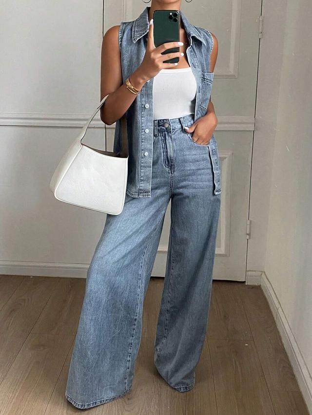 washed denim collared vest and wide leg pants set