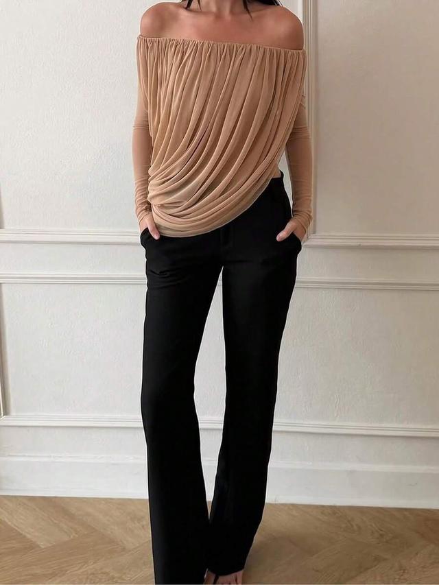 beige dazzle women's elegant long sleeve off-shoulder knit top