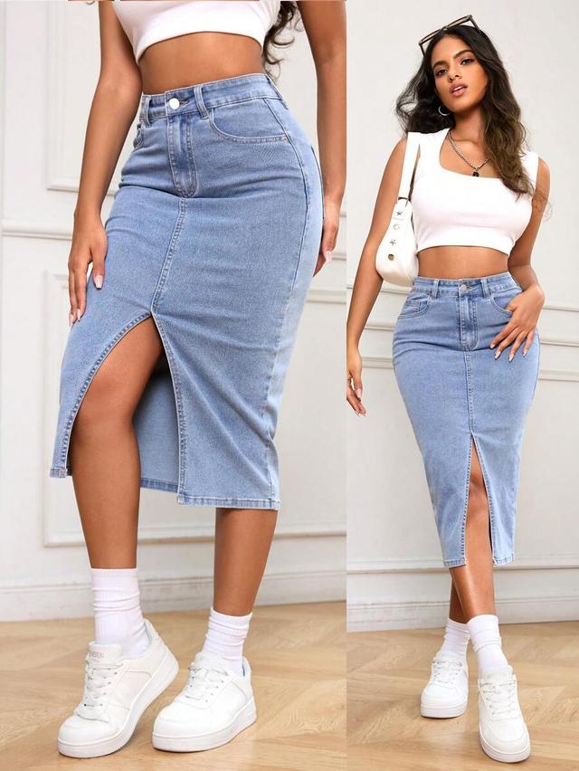 light wash denim slim fit midi skirt with slit
