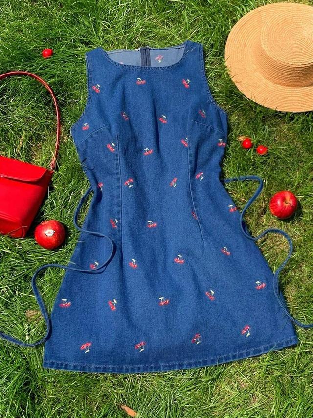 cherry embroidered denim sleeveless mini dress