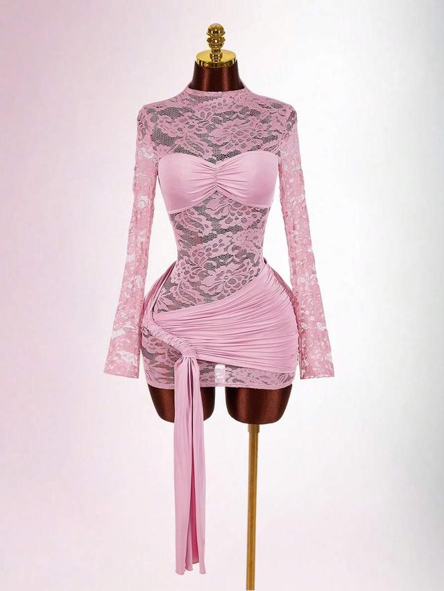 pink lace long sleeve ruched mini bodycon dress