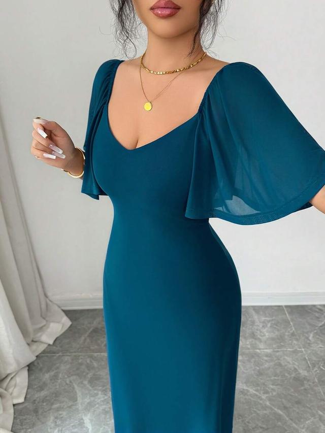 solid teal ruffle sleeve mid-length dress