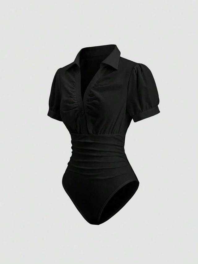 black v-neck puff sleeve ruched waist bodysuit