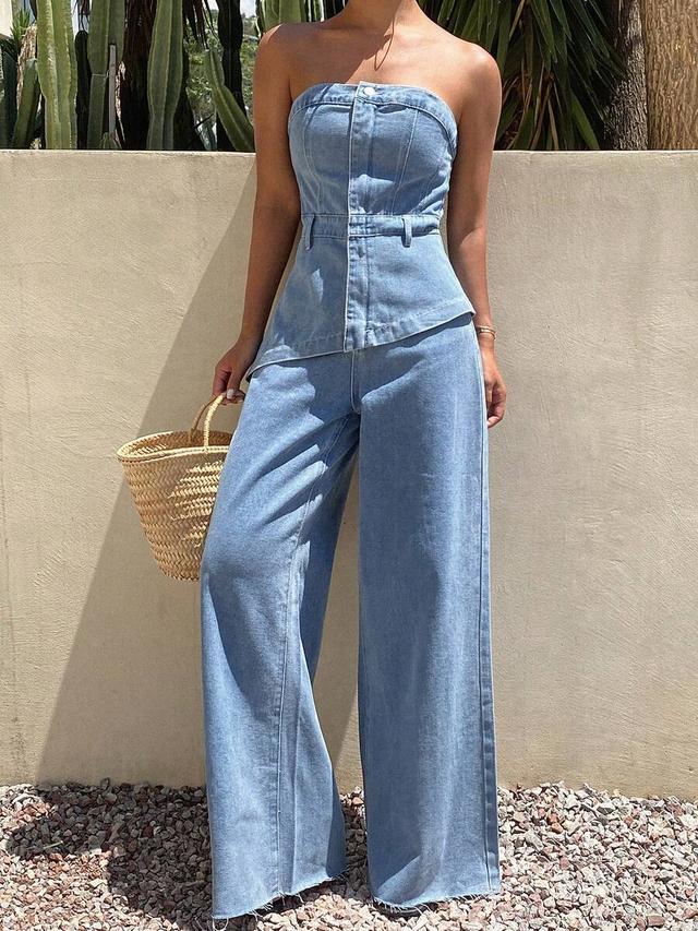 light wash denim strapless corset top and wide leg trousers