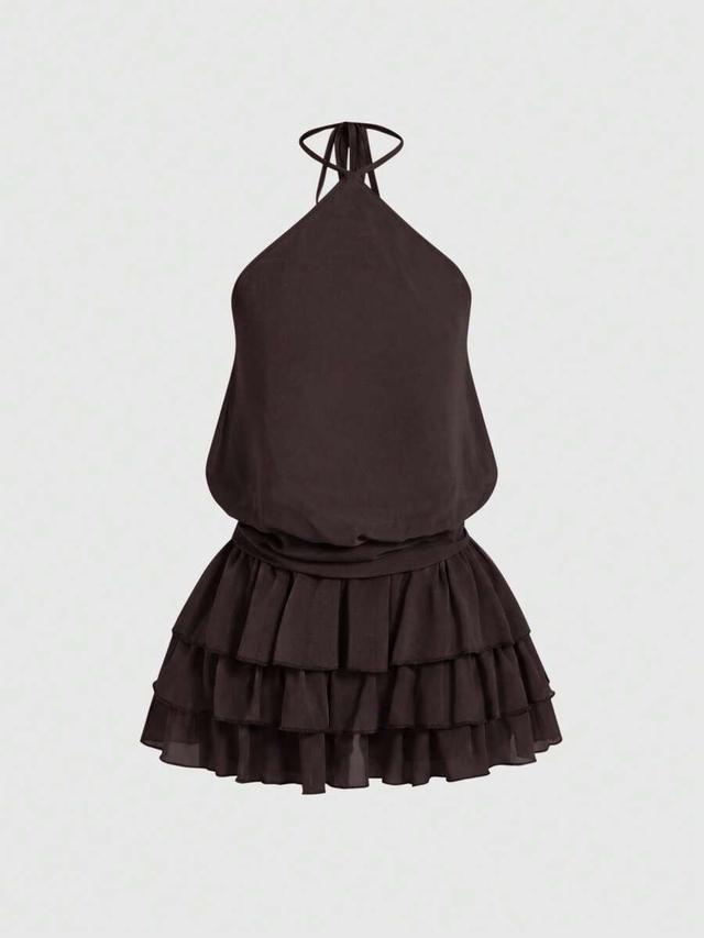 solid brown knotted halter backless multi-tier mini dress