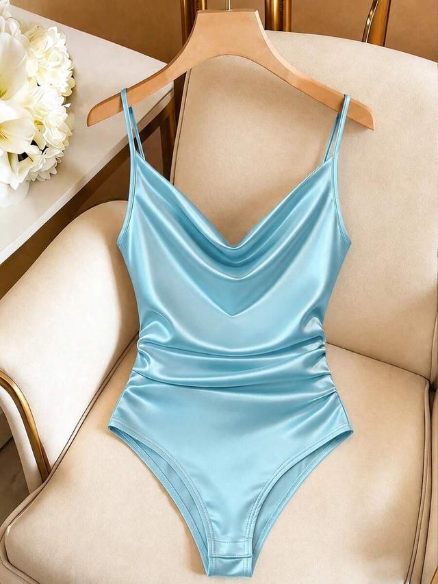 light blue satin draped neck ruched sleeveless camisole