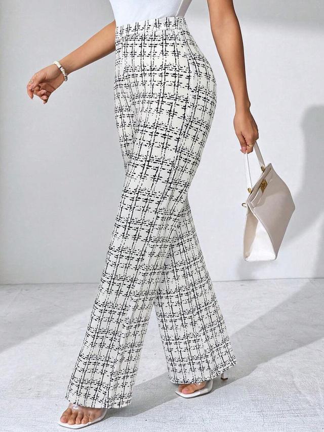 black and white checkered plaid elastic knitted trousers