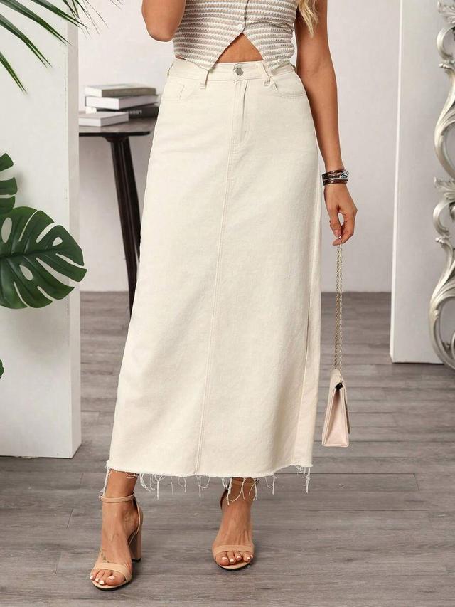 off-white denim midi skirt with raw hem