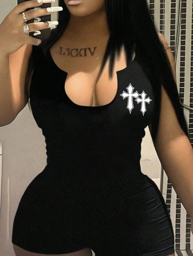 black sleeveless scoop neck bodysuit with cross print