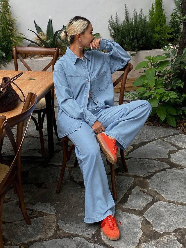 women's long sleeve single-breasted denim shirt and pants