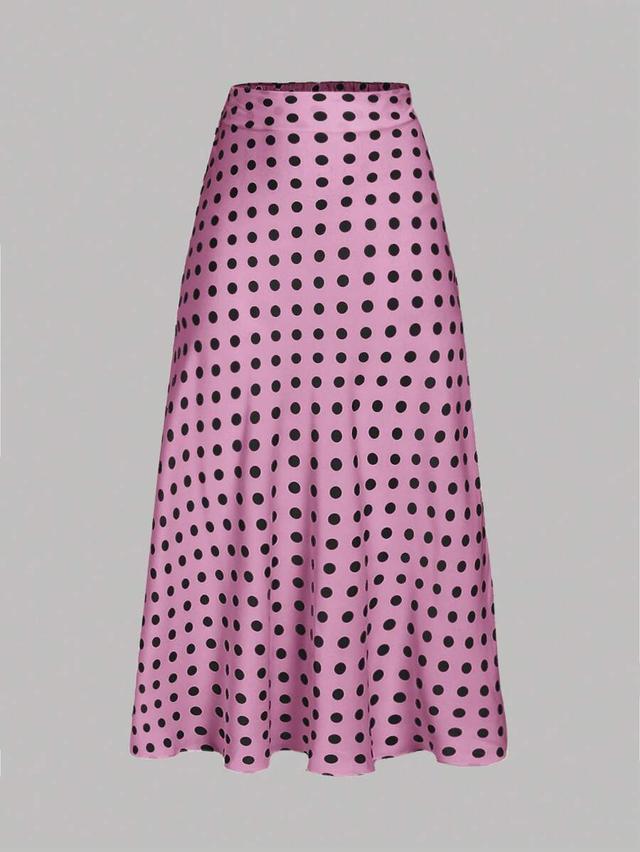 pink polka dot satin midi skirt
